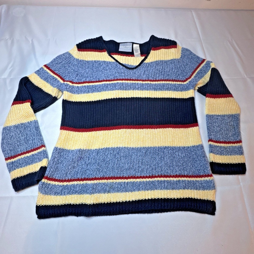 Vintage Liz Claiborne First Issue knit Sweater blue yellow strips Size Medium